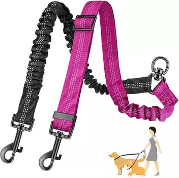 16ft Long Dual Dog Leash Attachment - Double Leashes for Training Small to Large Dogs - Adjustable Strap, Shock Absorbing Bungee серый