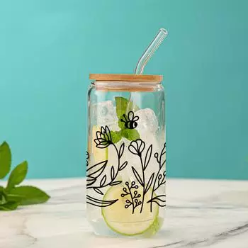 16oz Black Flower Pattern Sublimation Glass Straw Juice Drink Glass Bottle With Bamboo Cover Suitable For Gift Giving 16OZ