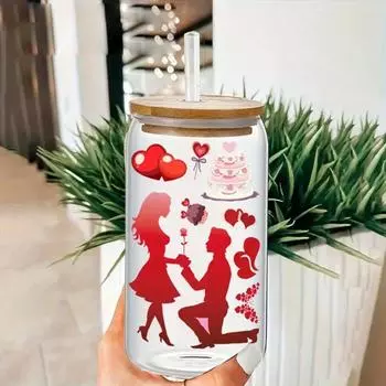 16oz Red Lover Date Rose Gradient Sticker Transparent Juice Drink Coffee Glass Cup Suitable For Valentine s Day 16oz