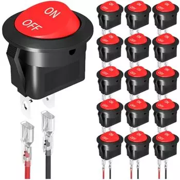 16pcs Round Rocker Switch 12V DC Circular Red Toggle Switch 2 Pin SPST 2 Position 6A/250V 10A/125V AC with 20mm Terminal Wire for Automotive Marine