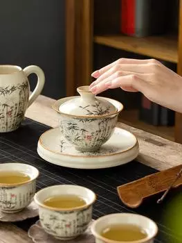 170 мл черный бамбуковый фарфоровый набор для приготовления чая, супница, чайная посуда, чашка, китайская желтая керамическая открывающаяся пиала для чая, чайная церемония