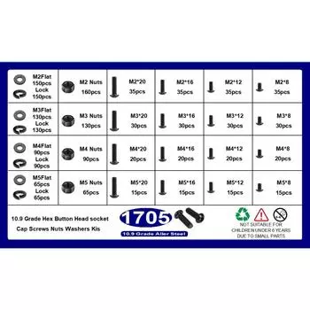 1760/1705 шт. черный винт с шестигранной головкой и цилиндрической головкой класса 12.9 с набором гаек и плоских эластичных шайб высокой прочности 1705pcs round cup grade 10.9