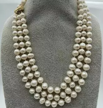 17-19 3-рядное ожерелье из натурального белого пресноводного жемчуга диаметром 8-9 мм