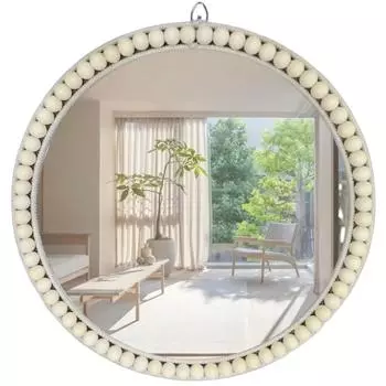17-дюймовое круглое настенное зеркало, круглое подвесное зеркало в стиле бохо, настенный декор для спальни, ванной комнаты, гостиной, бежевый белый