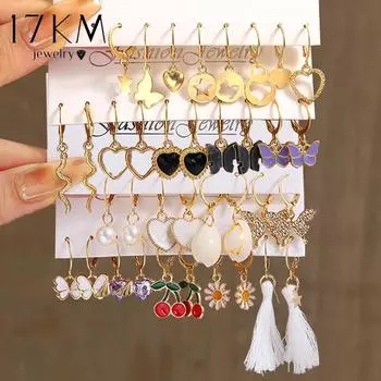 17 км, 18 шт./компл., серьги золотого цвета, серьги-бабочки, вишневое сердце, серьги для женщин, змеи, животные, хрустальные раковины, ювелирные изделия с капельками масла