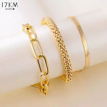 17 км 3 шт./комплект модные толстые звенья цепи браслеты для женщин винтажная змея цепь золото серебряный цвет браслеты набор панк ювелирные изделия золотой