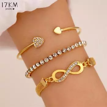 17 км 3 шт. Винтажный браслет с бесконечным сердцем и кристаллами из горного хрусталя для женщин, женские регулируемые браслеты золотого цвета из металла, модные ювелирные изделия