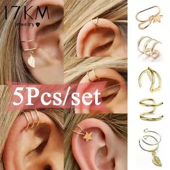 17 км, 5 шт./компл., минималистичная двойная обертка, манжеты в форме листа, звезды и креста, изящная подвеска без пирсинга, зажим для ушей, ювелирные изделия 5Pcs/set золотой