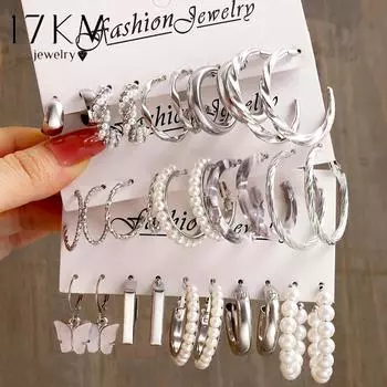 17 км комплект висячих серег с бабочкой и жемчугом, винтажные серебряные серьги-кольца для женщин, модные ювелирные аксессуары