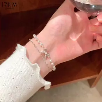 17 км корейский бант искусственный жемчуг браслеты для женщин двухслойный бант серебряный браслет модные аксессуары ювелирные изделия подарок