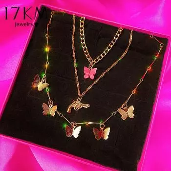 17 км модное многослойное ожерелье-цепочка с бабочкой для женщин, Золотая модная розовая подвеска-цепочка с подвеской, ювелирные изделия