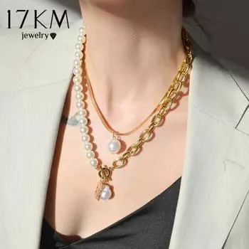 17 км панковская золотая многослойная цепочка с жемчугом в стиле барокко, ожерелье для женщин, модное ожерелье с подвеской в виде монеты и кристаллов, трендовые ювелирные изделия 2021