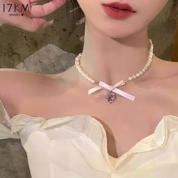 17 км розовое циркониевое ожерелье с бантом в виде сердца, милое пластиковое колье-цепочка из бисера для женщин, ювелирные аксессуары