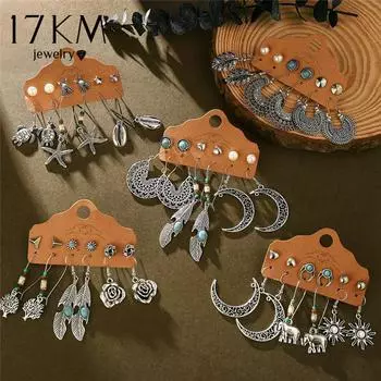 17 км серьги в стиле бохо для женщин, винтажные ретро серьги с перьями и солнцем, комплект этнических серег, ювелирные изделия
