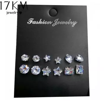 17 км смешанные сверкающие геометрические круглые серьги-гвоздики с каплями воды в виде сердца, звезды и кристаллов, комплект женской моды