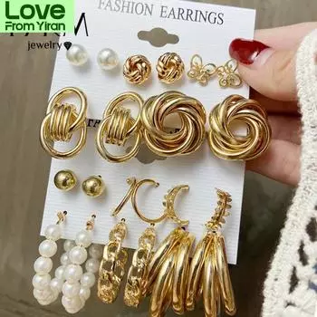 17 км Винтаж Геометрические Золотые Металлические Серьги Набор Для Женщин Панк Жемчуг Висячие Серьги-Каплевидные Серьги Трендовый Набор Серег Ювелирные Изделия