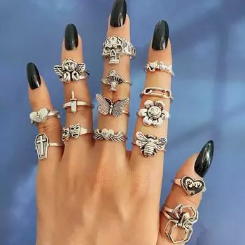 17 км винтажное серебряное кольцо для женщин и мужчин, бабочка, гриб, ангел, крест, скелет, панк, готическое кольцо
