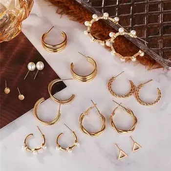 17 км винтажные 1 пара/компл. золотые металлические серьги-кольца для женщин, модные многослойные серьги с металлическим жемчугом, ювелирные изделия Brincos