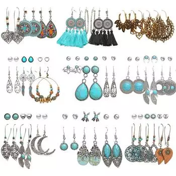 17 км винтажные серьги с зеленым камнем, комплект для женщин, бохо, этнические серьги с кисточками и луной, богемные серьги серебряного цвета, ювелирные изделия