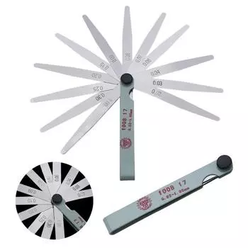 17 лезвий, толщина зазора от 0,02 до 1 мм, метрический наполнитель, щуп, измерительный инструмент