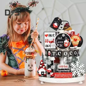 17 шт./компл. Горячий какао многоярусный поднос, украшение, рождественский деревянный гном, снежинка, чашка, знак, праздничный настольный многоярусный поднос, украшение 1 Set