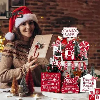 17 шт. рождественских многоярусных подносов, украшений, деревянных конфетных тростников, гномов, грузовиков, знаков для украшения праздничного стола и полки дома Sets