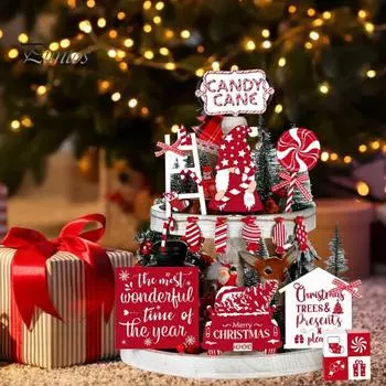 17 шт. рождественских многоярусных подносов, украшений, деревянных конфетных тростников, гномов, грузовиков, знаков для украшения праздничного стола и полки дома Sets