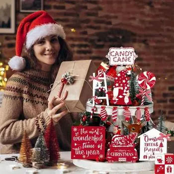 17 шт. рождественских многоярусных подносов, украшений, деревянных конфетных тростников, гномов, грузовиков, знаков для украшения праздничного стола и полки дома Sets
