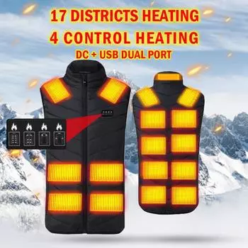 17 жилет с подогревом, теплая зимняя теплая электрическая USB-куртка для мужчин и женщин, нагревательное пальто, тепловое M чёрный