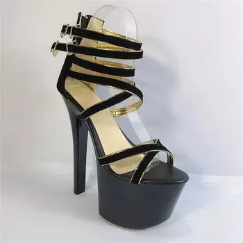 17Cm women s sandals high heels summer new versatile one-word buckle with fairy style thin heel open toe fashion super high heel 34 чёрный