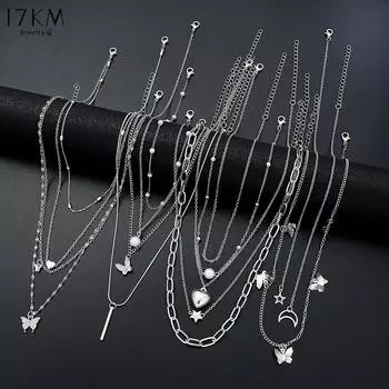 17KM13Pcs/Set Simple Temperament Necklace Set Butterfly Heart Star Zircon Silver Color Necklace for Women Fashion Jewelry Gift