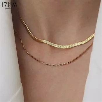 17KM 1PCS Vintage Layered Flat Snake Chain Herringbone Necklace for Women Simple Gold Color Metal Clavicle Chain Necklaces Party Jewelry