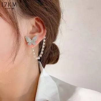 17KM 2PCS Fashion Zircon Butterfly Earrings for Women Sweet Girls Chain Asymmetrical Stud Earrings Luxury Jewelry Party Gifts