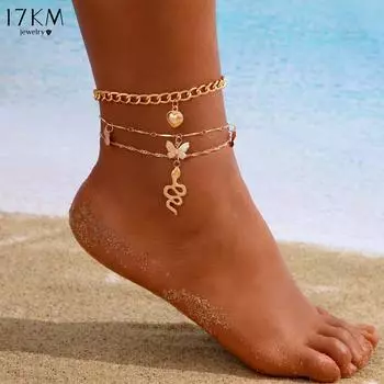 17KM 3Pcs Bohemian Multi-Layer Butterfly Snake Heart Pendant Anklet Fashion Beach Leg Chain Boho Jewelry Gift