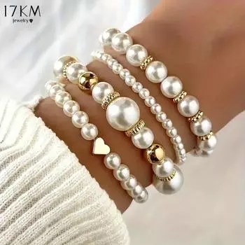 17KM 4 Pcs/Set imitation Beaded Bracelets Set for Women Fashion Gold Color Heart Big Bracelet Trendy Jewelry Gifts