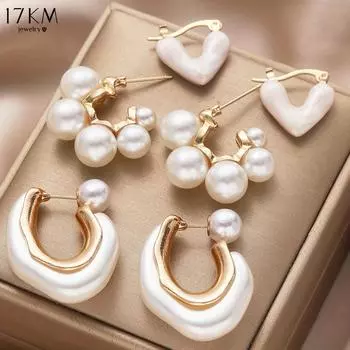17KM 6 Pcs Delicate Imitation Pearl Heart Design Hoop Earrings Vintage Elegant Style Trendy Female Dating Earrings Set Jewelry Gifts