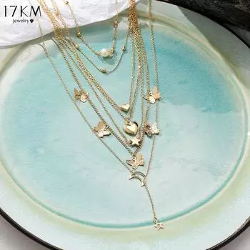 17KM 6-Piece Set of Light Luxury Fashionable Alloy Necklace Retro Personality Multi-layer Pendant Moon Peach Heart Necklace
