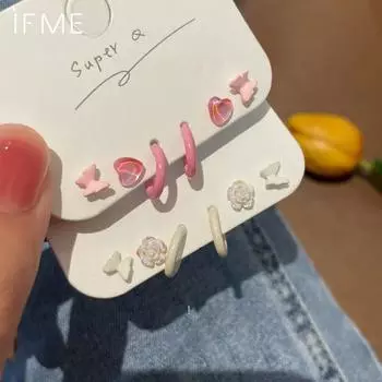 17KM 6 шт./компл. серьги-гвоздики в форме сердца, бабочки, цветка, для женщин, гипоаллергенные, простые серьги-кольца, аксессуары, ювелирные изделия 3
