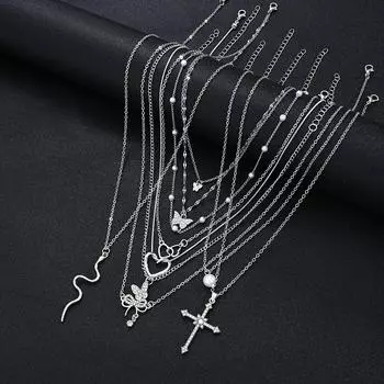 17KM 9pcs Elegant Necklace Set For Women Sparkling Rhinestones Cute Butterfly Heart Cross Bow Pendant Necklaces Party Jewelry Gifts