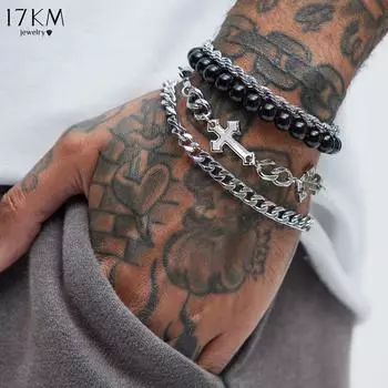 17KM браслет из нержавеющей стали с крестом, 4 шт./комплект, простая мужская цепочка, ручная работа, черный браслет с бусинами, Pulsera Hombre, бесплатная доставка серебряный