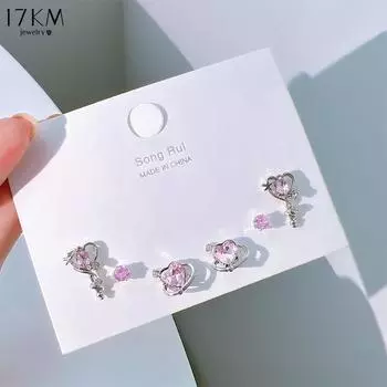 17KM Pink Heart Stud Earrings for Women Girls Korean Bow Dangle Earring Set Sweet Crystal Drop Earring Fashion Jewelry