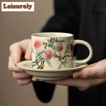 180 мл античная кофейная чашка Ru Kiln Nine Peach, эксклюзивная женская кружка для послеобеденного чая, офисная кружка, чашка с блюдцем, чашка для капучино и латте