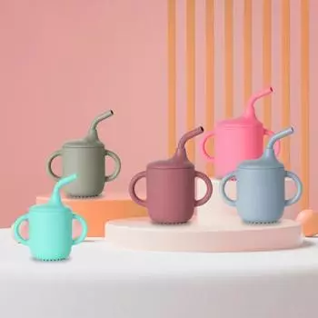 180 мл обучающая питьевая чашка безопасная с крышкой и трубочкой идеально подходит для защиты от падения силикона с двумя ушками детские поильники аксессуары для детей циан