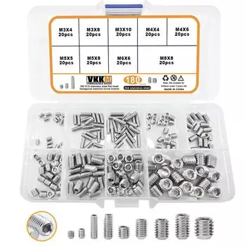 180 PCS M3-M8 Headless Screws 304 Stainless Steel Internal Hex Drive Cup Head Screws, 9 Sizes