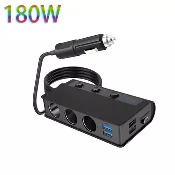 180 Вт Автомобильный прикуриватель, разветвитель, зарядное устройство, 180 Вт, 4 порта USB, автомобильное зарядное устройство, USB-зарядное устройство, порт типа C, разветвитель для автомобильной розетки чёрный