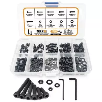 180Pcs Black Cylindrical Head Screws, Hexagon Head Bolt Nut Washer Combination Kit, Full Thread, Allen Sleeve Drive.