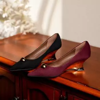 1828-17 Французские металлические кашемировые туфли с заостренным носком и неглубоким скошенным каблуком женские туфли 2024 года осень-зима новые туфли для поездок на работу на высоком каблуке 35 чёрный