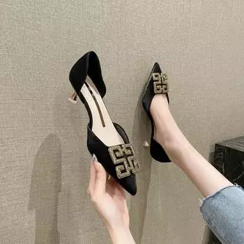 185-A1 Spring New Hollow Single Shoes Professional Pointed Thin Heel Versatile Rhinestone Square Buckle 5cm Women 34
