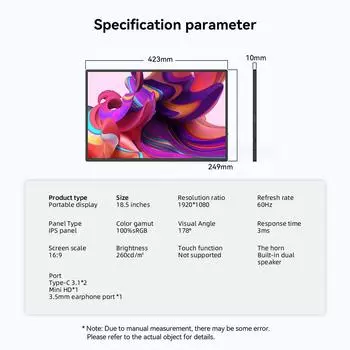 18,5-дюймовый портативный монитор 1080P IPS-экран Разрешение 1920*1080 Широкий угол обзора 178 градусов 60 Гц Обновление US Plug чёрный