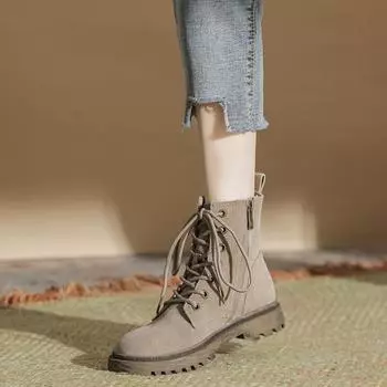 18-96 autumn and winter new solid color washed suede leather Martin boots source thick-soled medium boots children s versatile trend 35